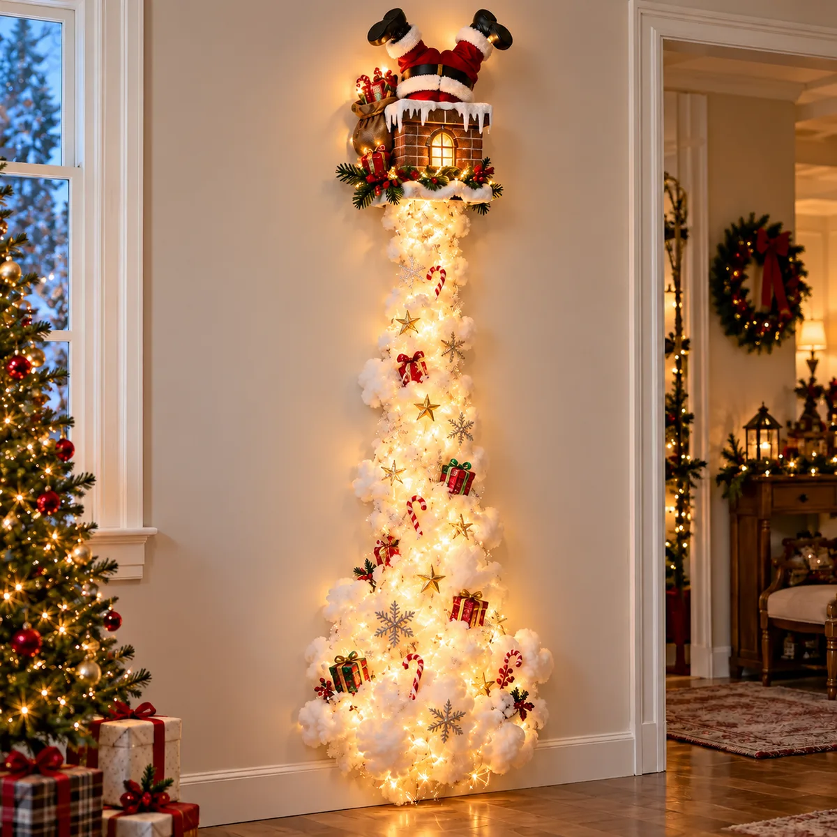 Chimney wall light glowing in a decorated room