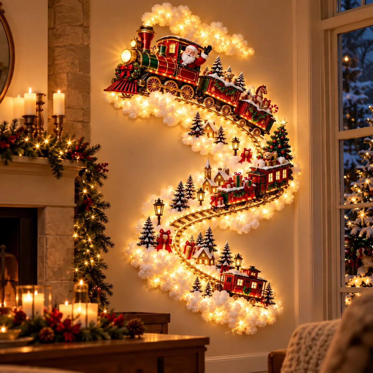 Christmas Train wall light glowing beside a fireplace in a decorated living room