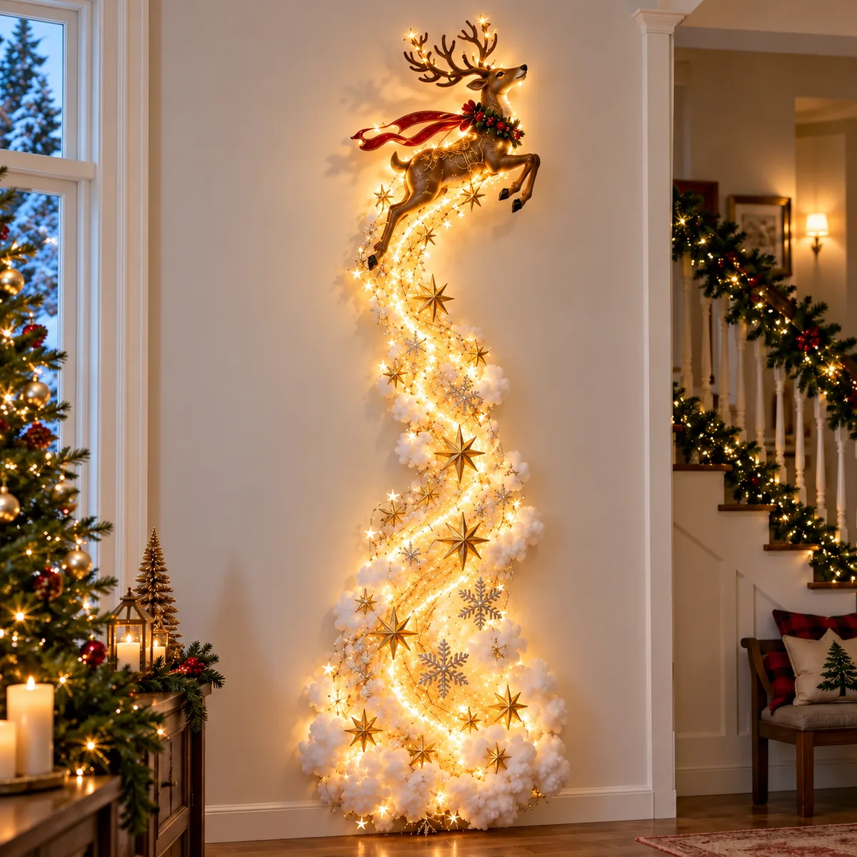 Reindeer wall light glowing in a decorated room