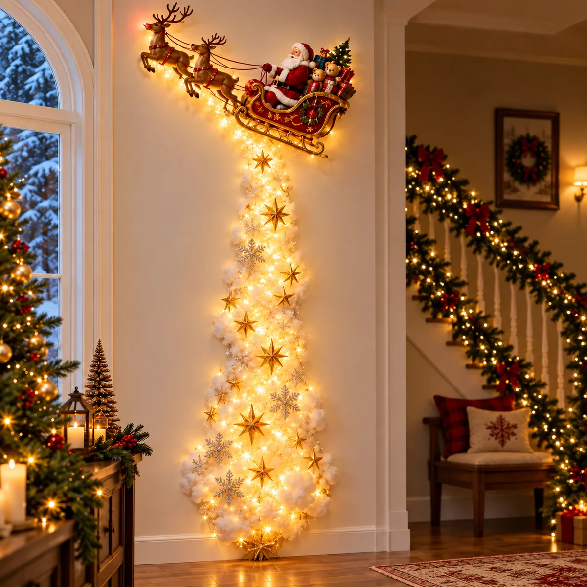 Santa's sleigh and reindeer wall light above a glowing garland