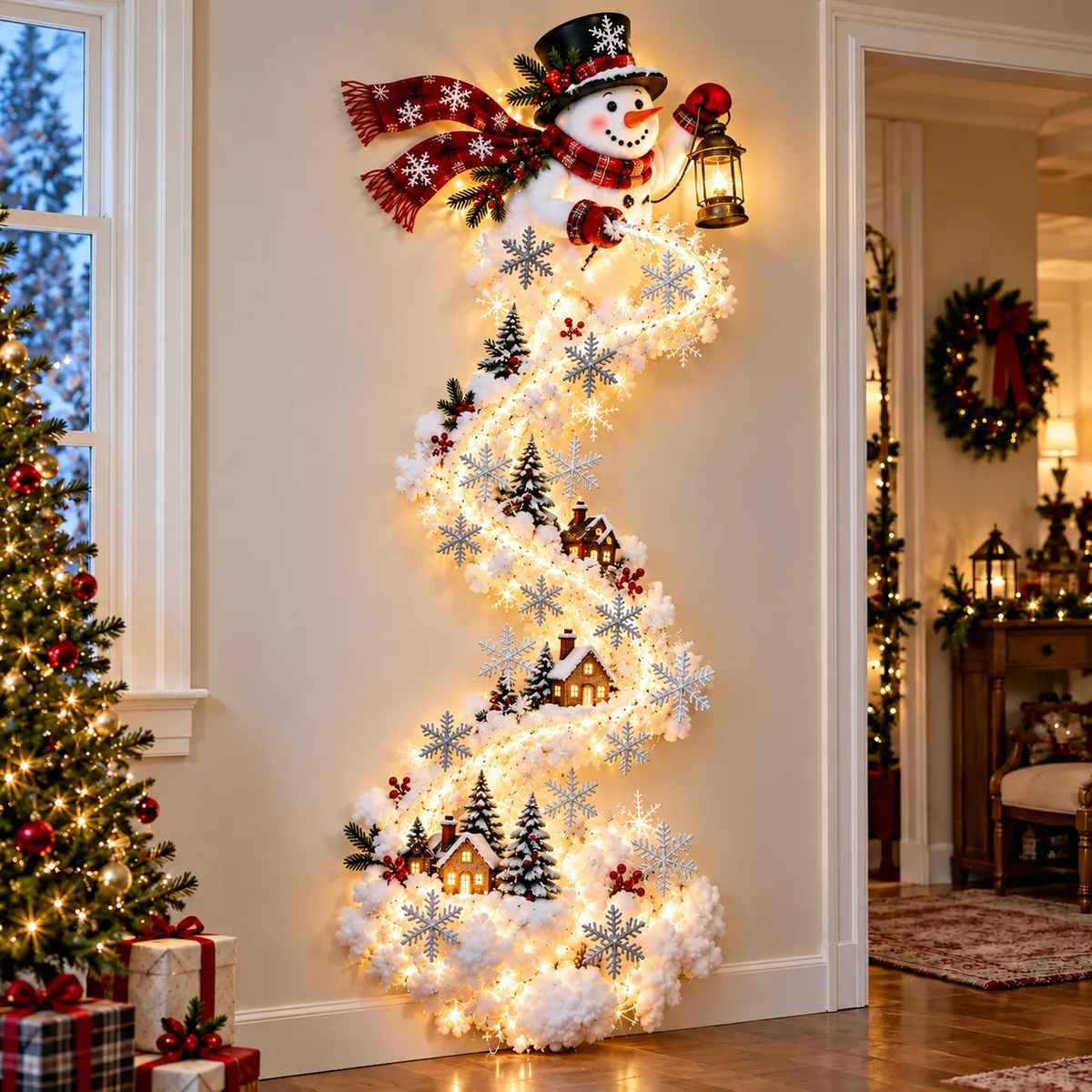 Snowman wall light glowing in a decorated room