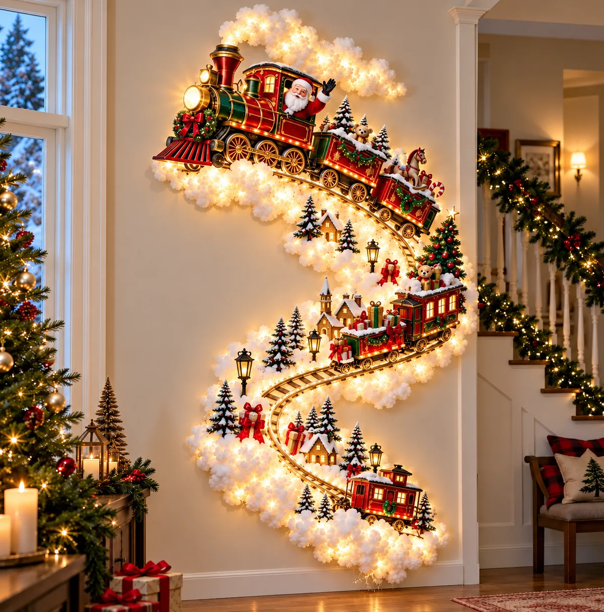 Christmas Train wall light glowing in a decorated room
